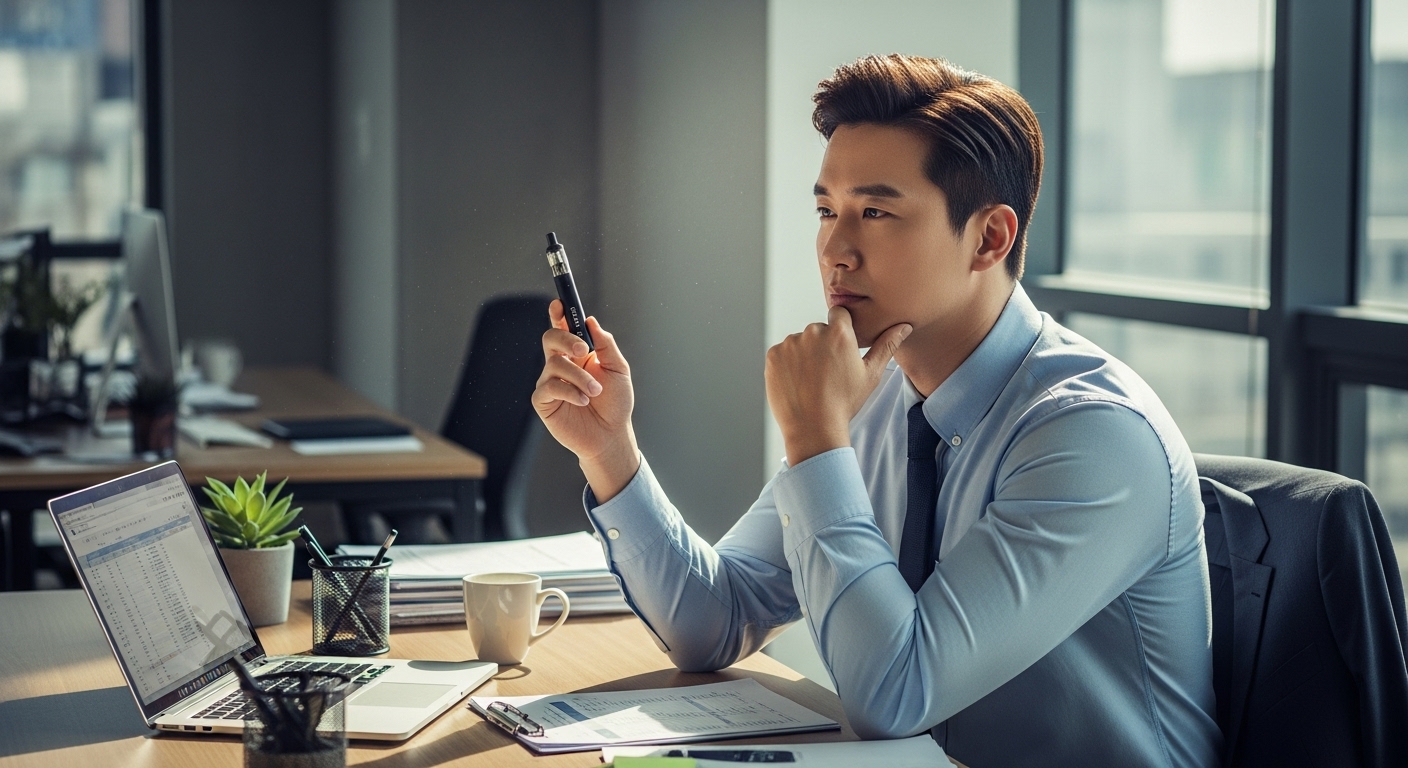 직장에서 책상에 앉아 레딜제로 전자담배를 들고 금연을 고민하는 사무직원의 모습