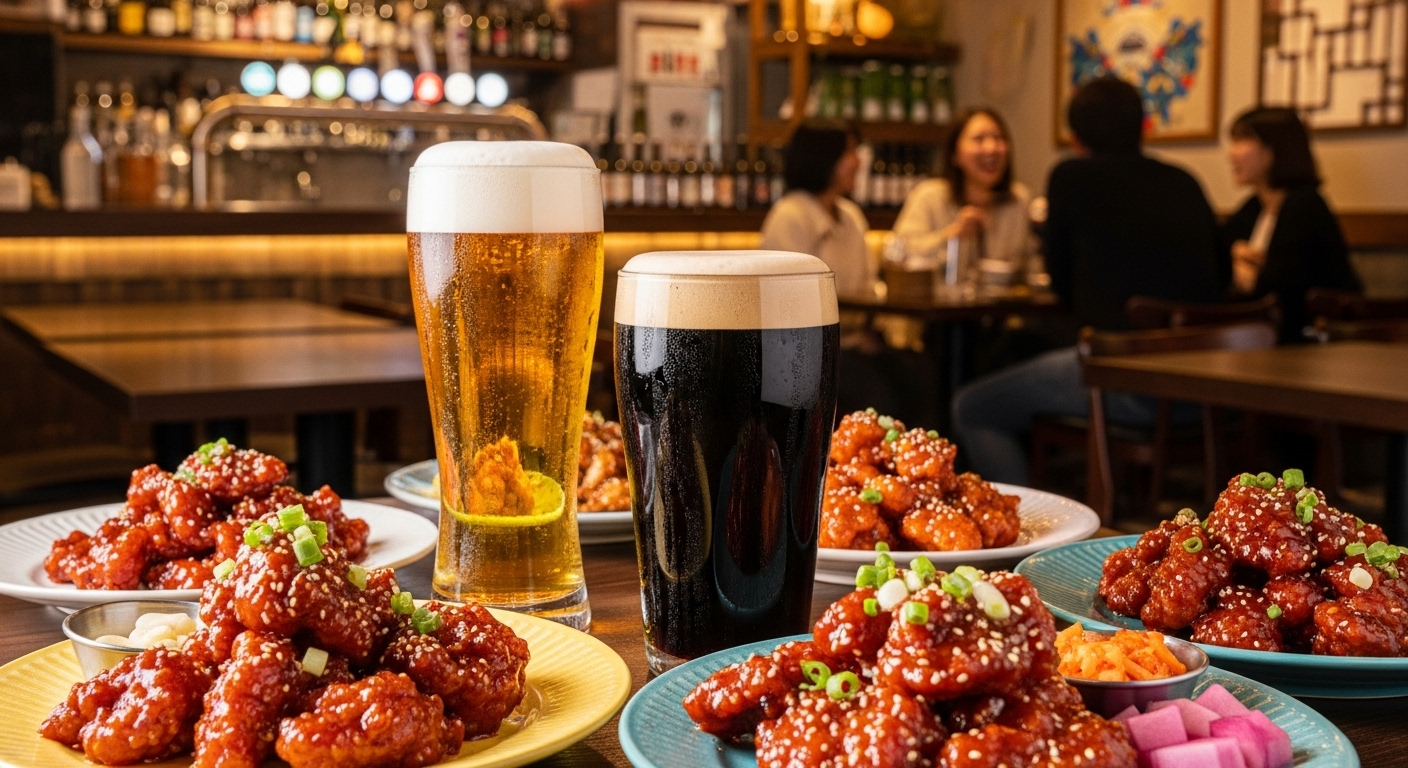 활기찬 한국식 펍에서 스윗칠리킹과 함께하는 다양한 종류의 맥주