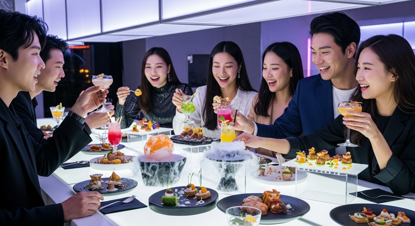 세련된 바에서 프리미엄 안주를 즐기는 젊은 세대들