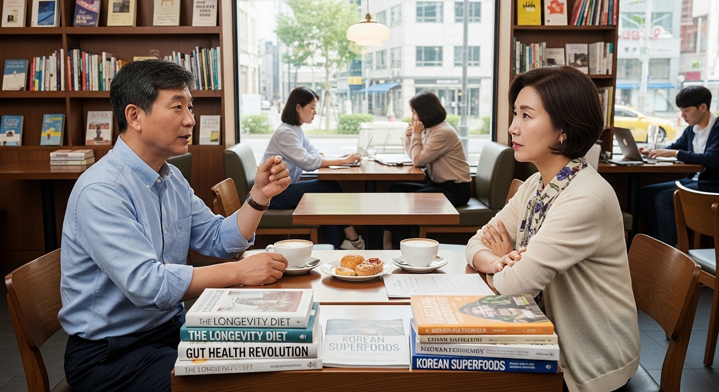 중년 남녀가 현대적인 카페에서 영양과 장수에 관한 책과 잡지들을 보며 건강에 대해 논의하는 모습