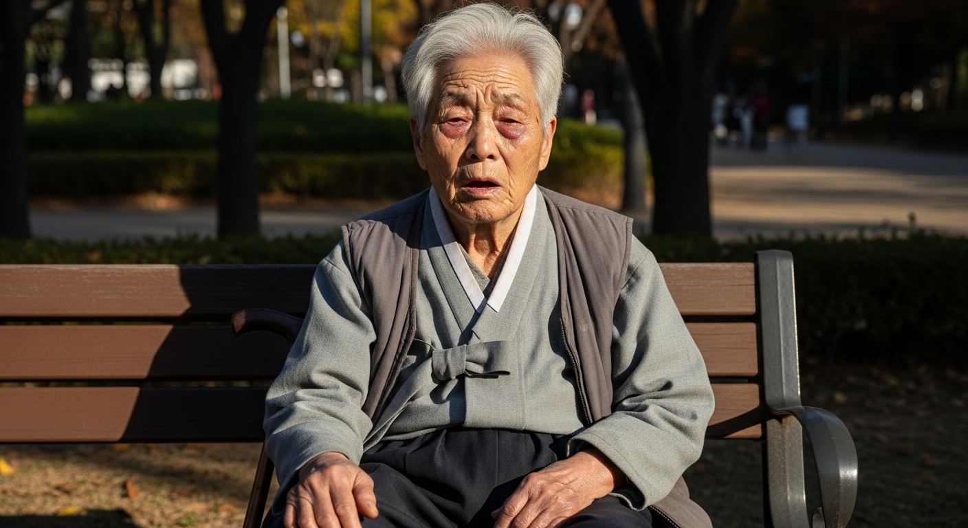 공원 벤치에 앉아 피로감을 느끼는 노인의 낮 시간 풍경