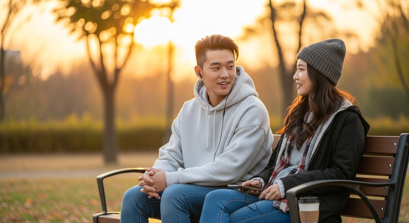 공원 벤치에서 편안하게 대화하는 젊은 한국인 친구들