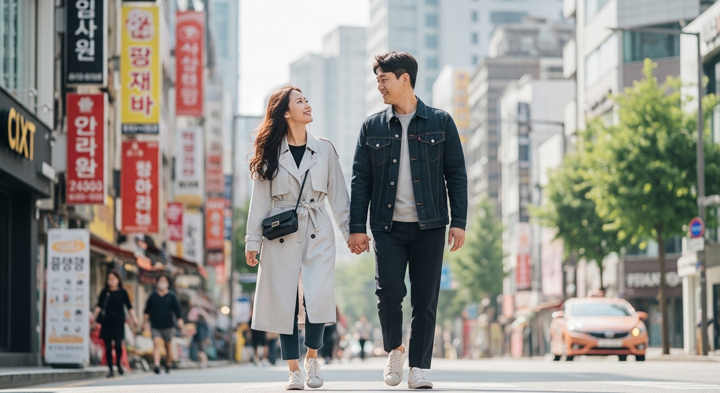 도시 거리에서 손을 잡고 걷는 한국 커플의 모습