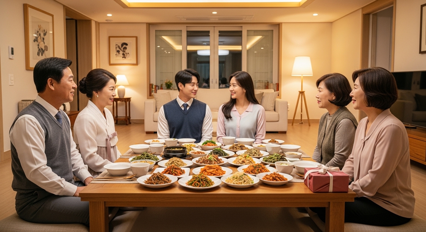 가정 식사 자리에서 서로의 가족을 만나는 젊은 한국 커플
