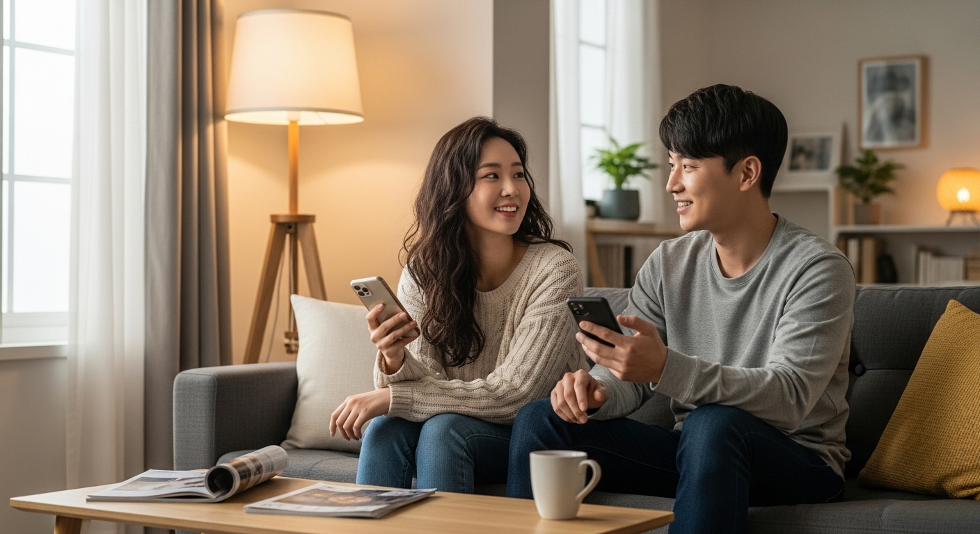편안한 거실에서 스마트폰을 들고 대화하는 젊은 한국 커플