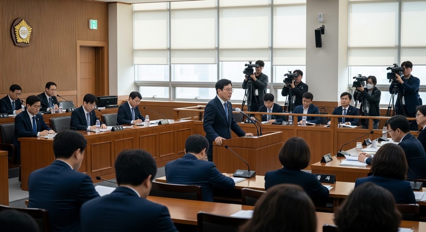 한국 법정 안에서 재판을 지켜보는 사람들 사이의 긴장감