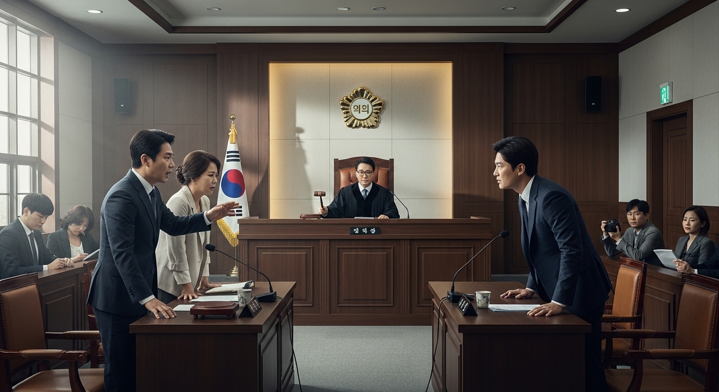 한국 법정에서 서로 대립하는 두 사람과 중재하는 판사의 모습