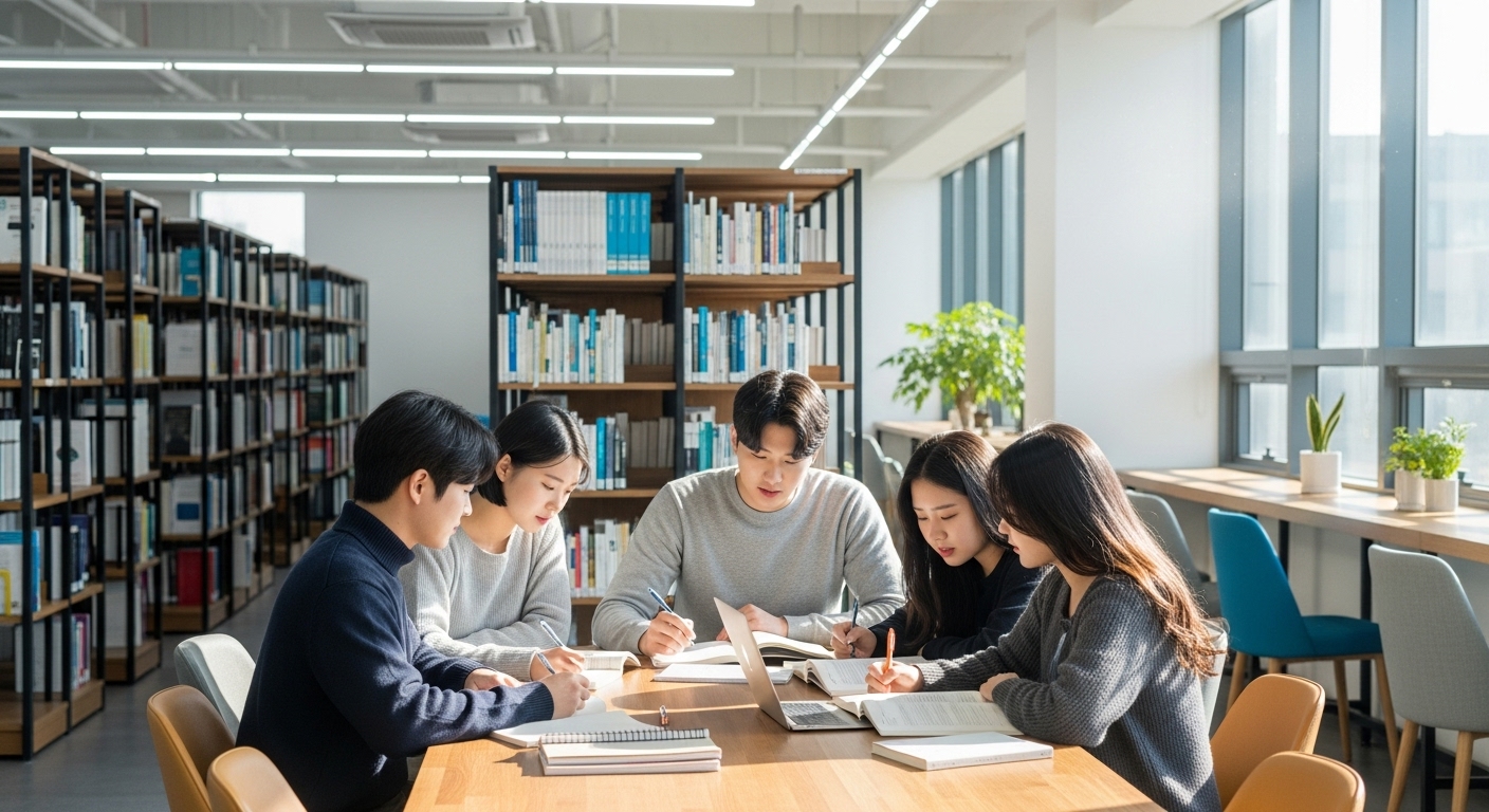 현대적인 도서관에서 새 교재와 노트를 펴고 공부하는 학생들 모습
