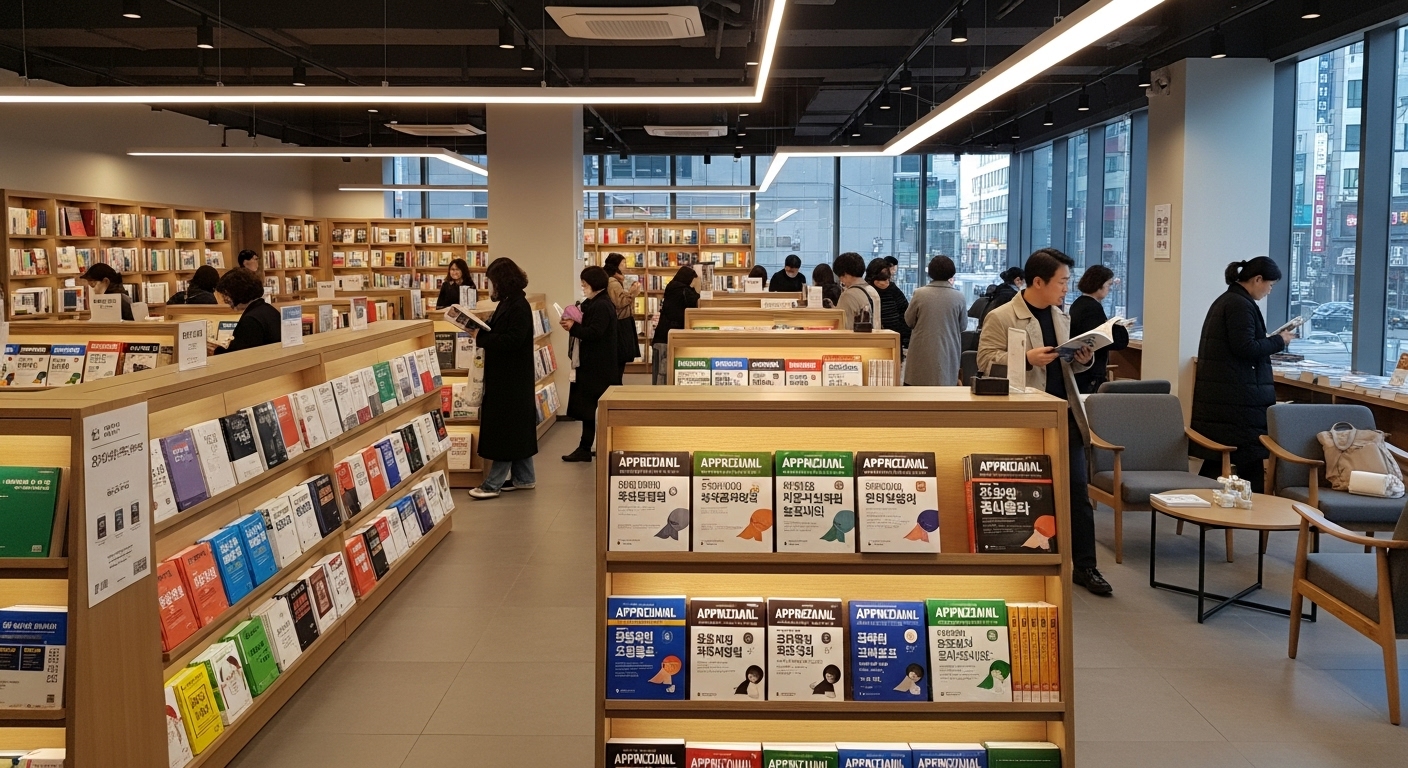 한국 서점에서 다양한 새로운 교재를 살펴보는 사람들
