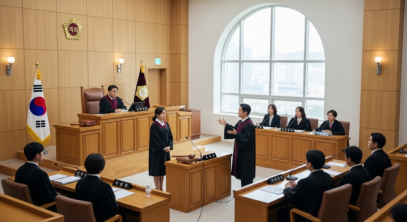한국 법정에서 열띤 토론 중인 변호사들과 판사 모습