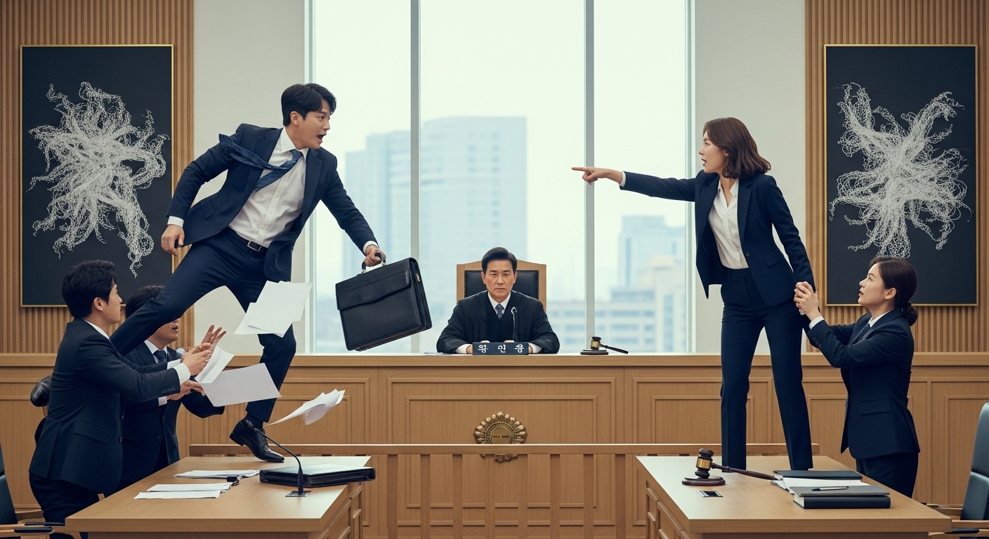 현대 한국 법정에서 소란을 일으키는 두 변호사와 불쾌해 보이는 판사