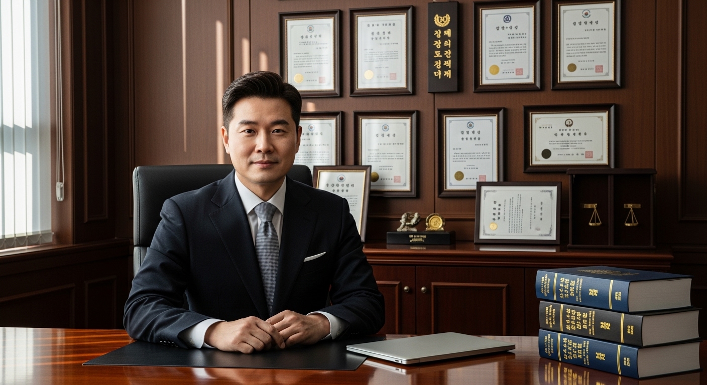 전문 서적과 증명서가 있는 사무실에서 정장을 입은 한국 변호사의 모습