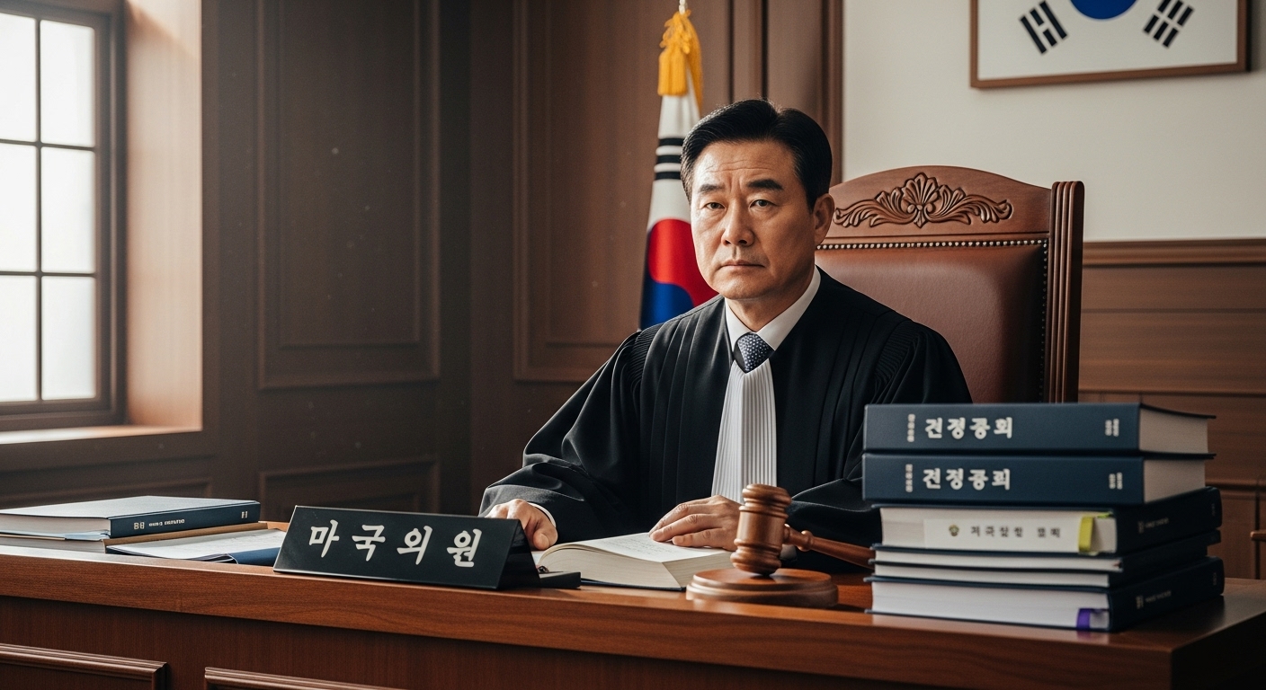 법정에서 진지한 표정으로 재판을 진행하는 판사의 모습