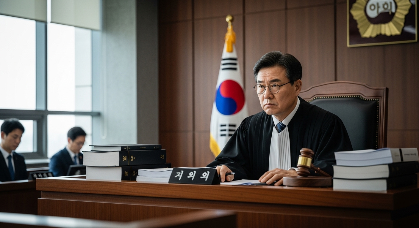 법정에서 서류에 집중하고 있는 한국의 현대적인 판사