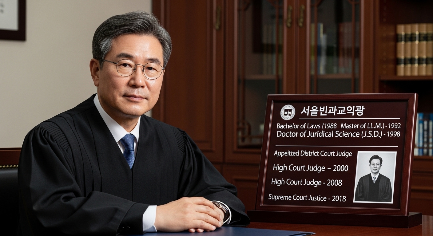 서울대 졸업장과 주요 경력을 뒷배경으로 두고 있는 한국 판사의 초상화