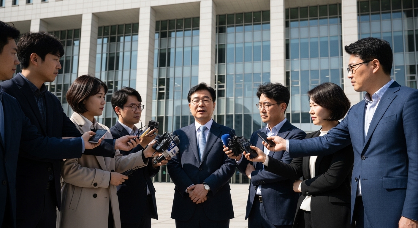 현대적인 법원 앞에서 유명한 판사에 대해 시민들과 인터뷰하는 기자들