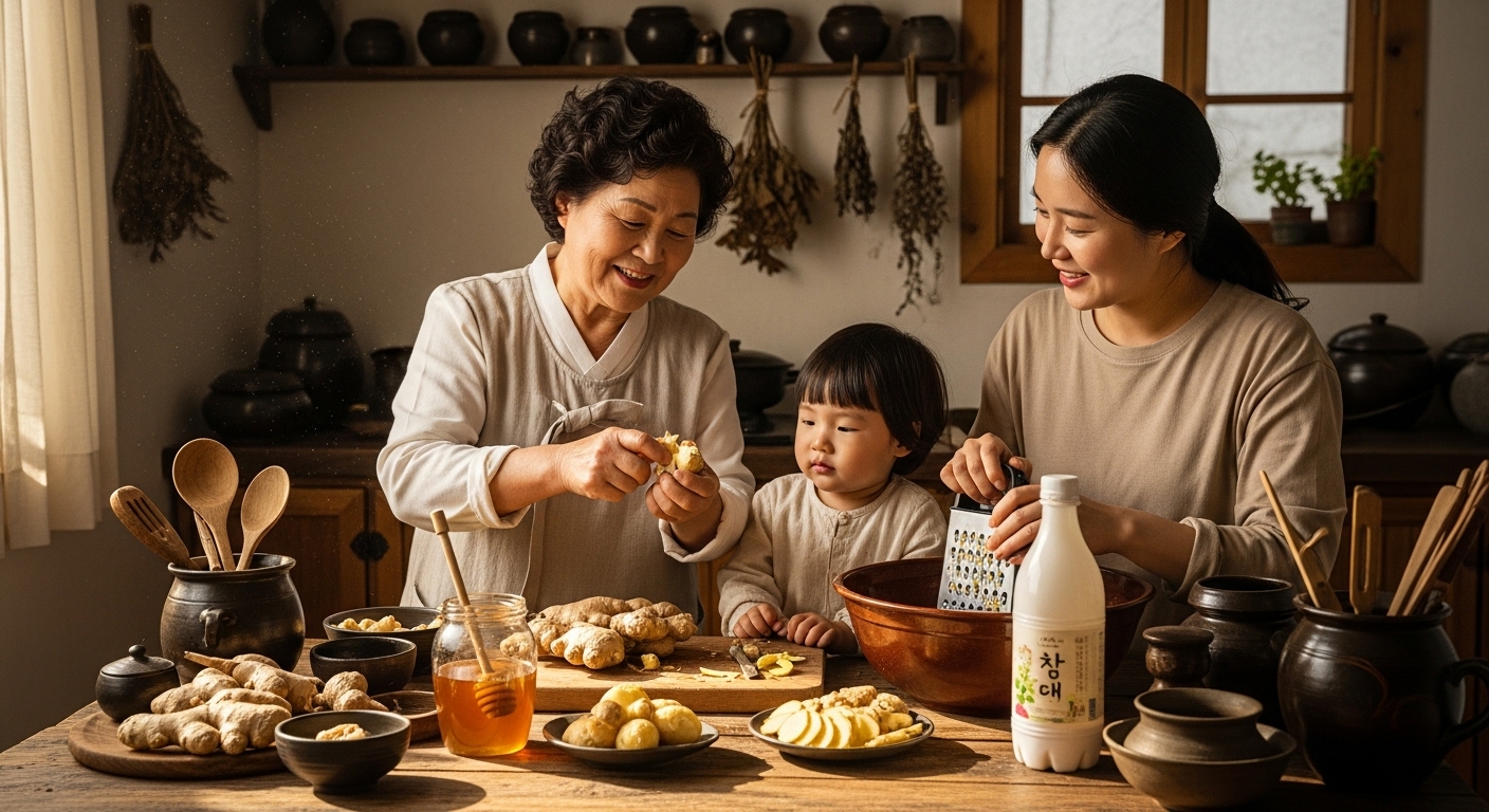 한국의 가족이 주방에서 생강청을 만드는 모습, 따뜻한 분위기