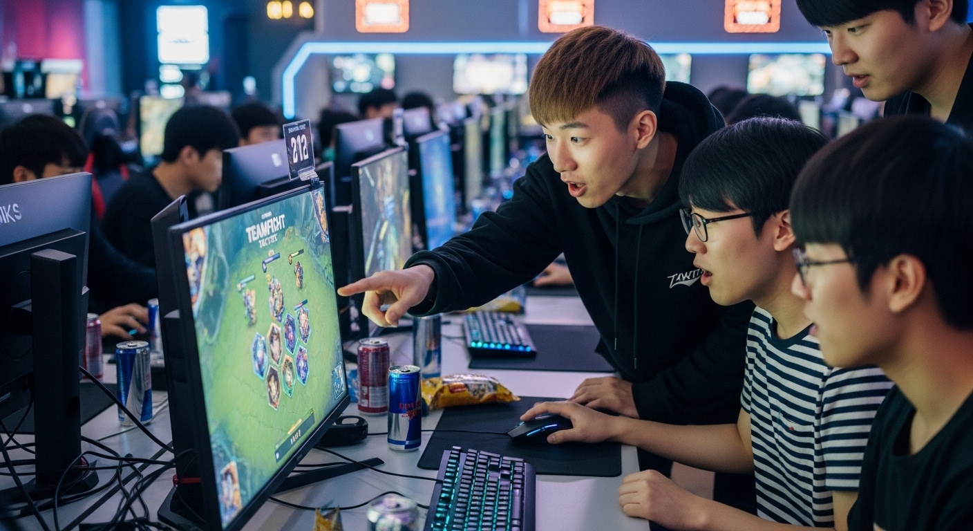 PC방에서 팀파이트 택틱스를 플레이하는 게이머들의 첫날 모습
