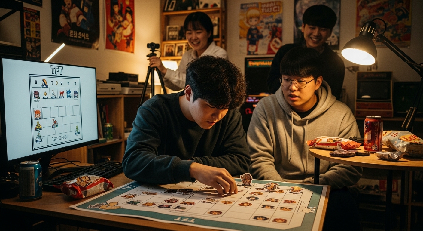 간단한 그래픽으로 팀파이트 택틱스 전략을 구상하는 젊은이들