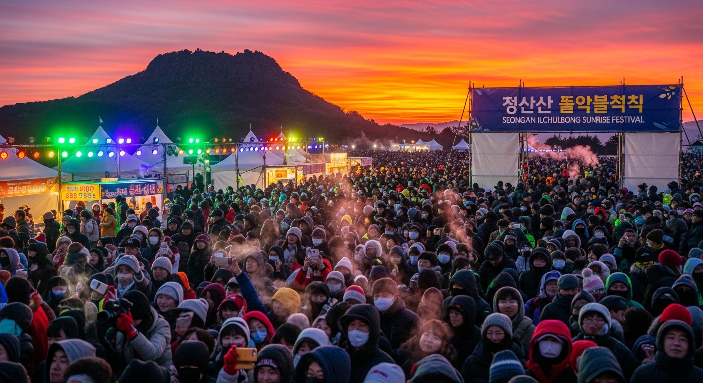 성산일출축제에서 많은 사람들이 모여 즐기는 장면