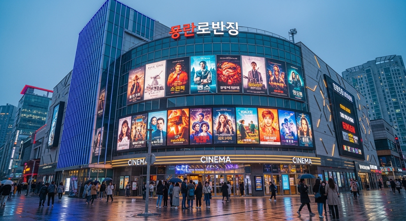 부산의 활기찬 영화관에서 다양한 영화 포스터가 전시된 모습
