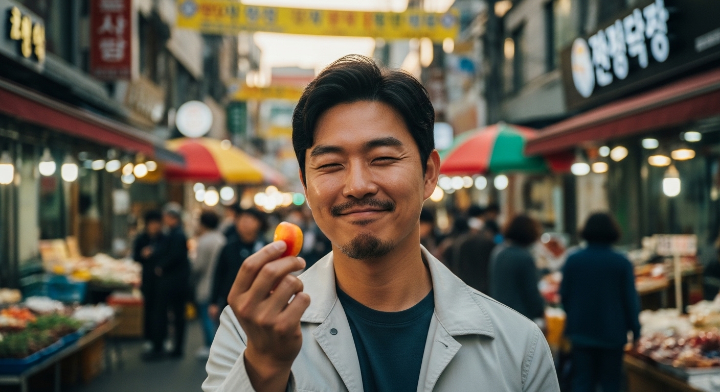 서울 시장 거리에서 할인 상품을 발견하며 미소 짓는 장면