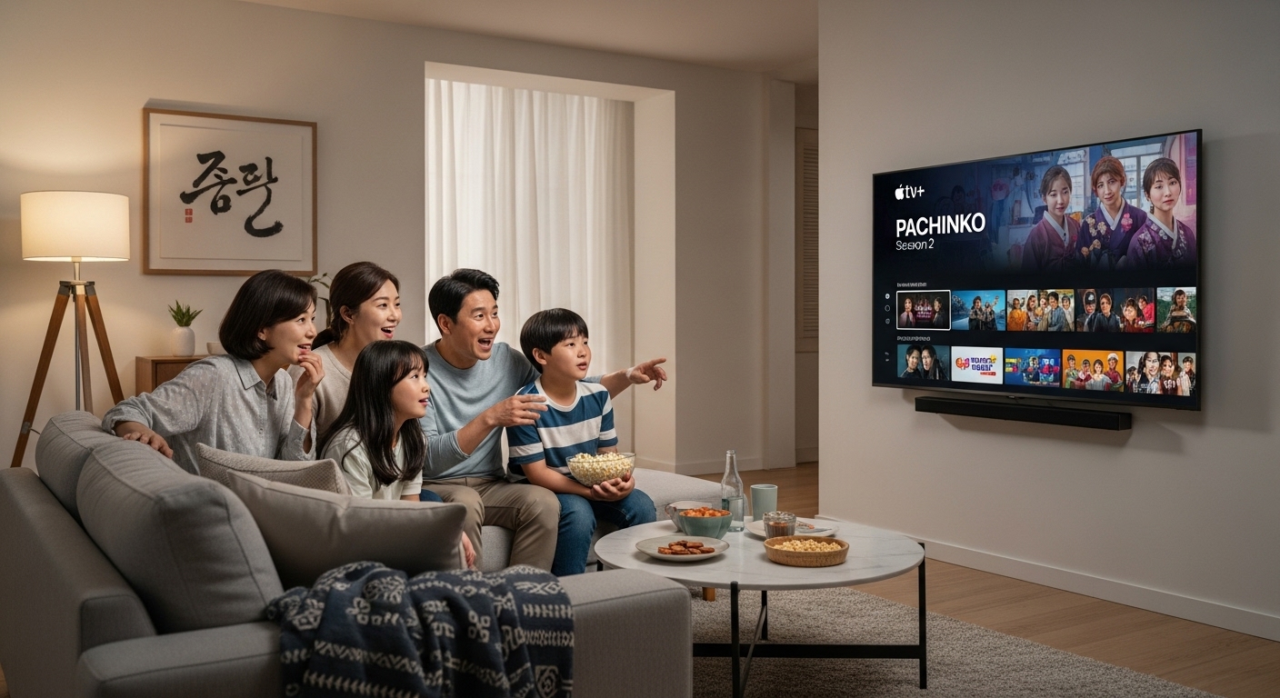 현대적인 거실에서 가족들이 TV 앞에 모여 파친코 시즌2를 시청하는 모습
