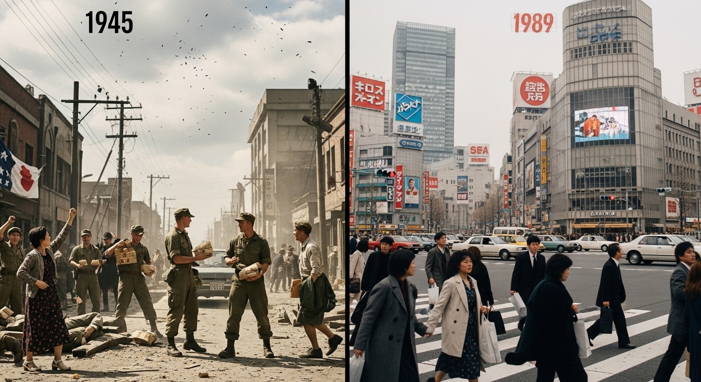 전후 해방기와 경제 버블 시기의 일본을 대비한 화면 구성