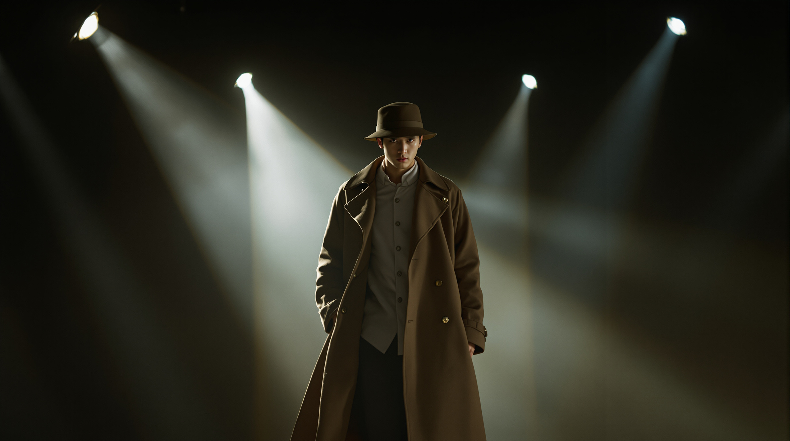 스타일리시한 코트와 벙거지 모자로 시각적 효과를 더한 모습
