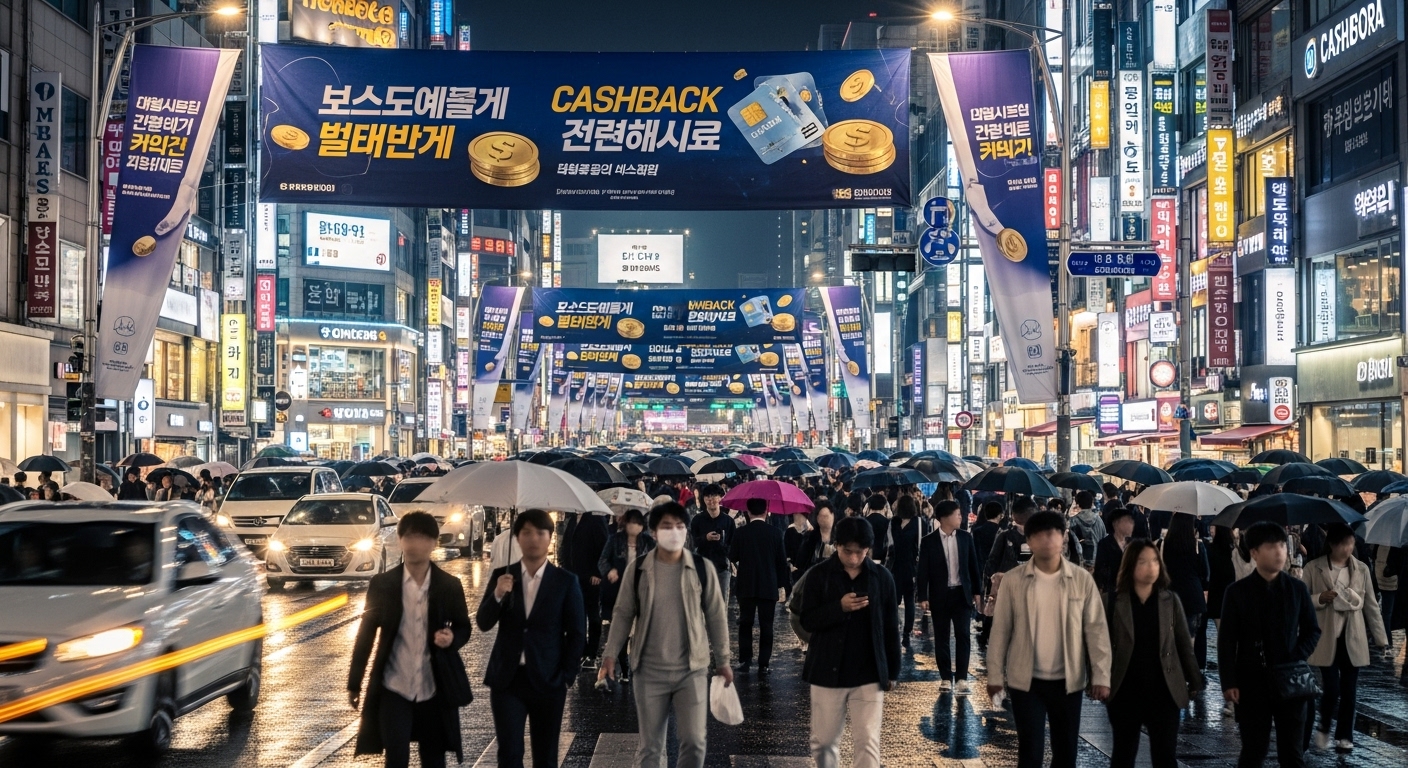 바쁜 한국 도시 거리에서 사람들이 분주하게 이동하며 상생페이백 광고 배너가 보이는 장면