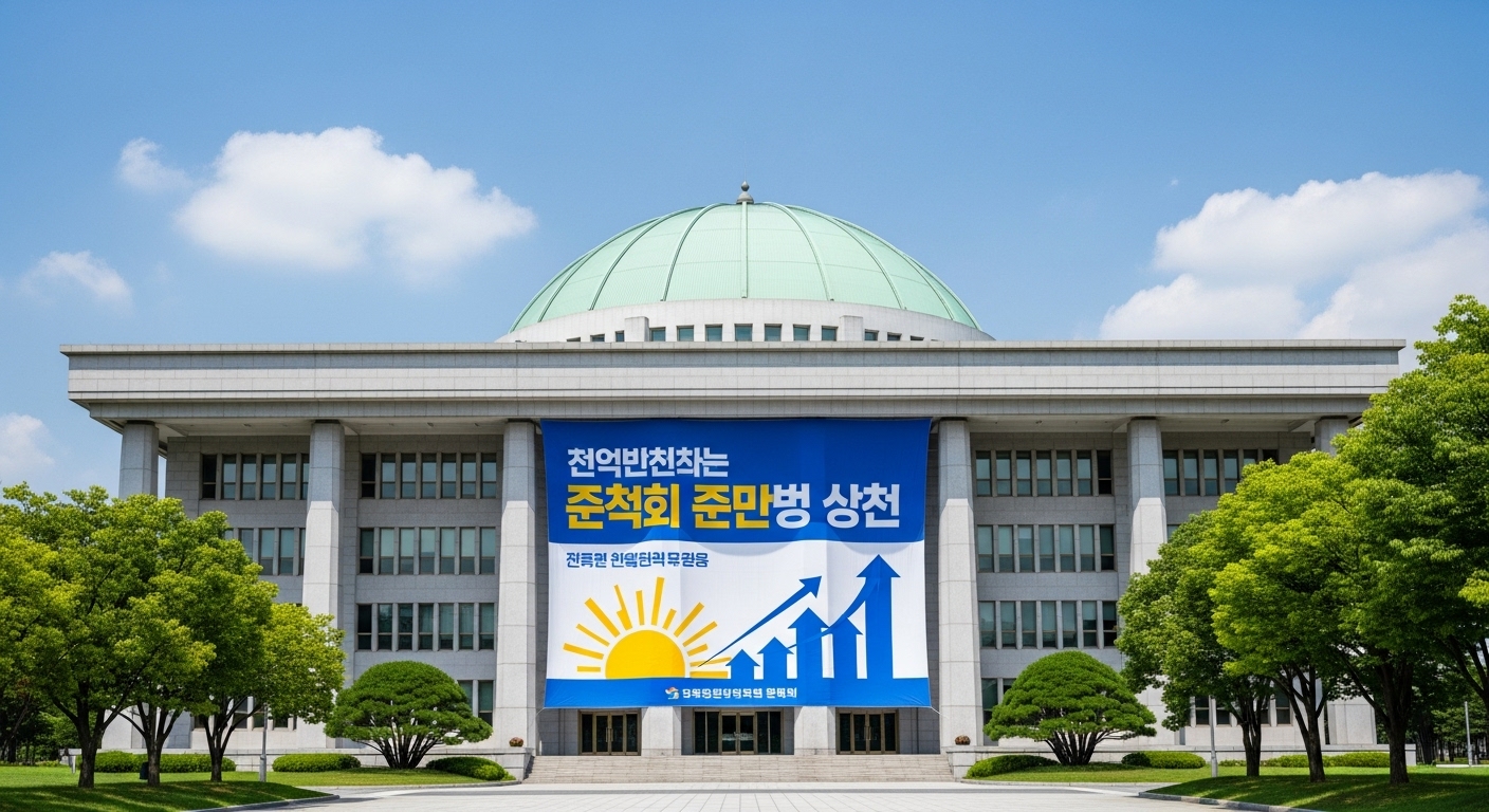 경제 활성화를 위한 정부 정책 홍보 배너가 걸린 한국 정부 건물