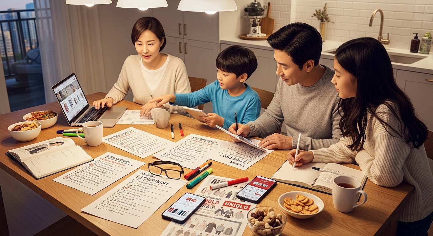 가족이 함께 유니클로 세일 체크리스트를 작성하는 모습