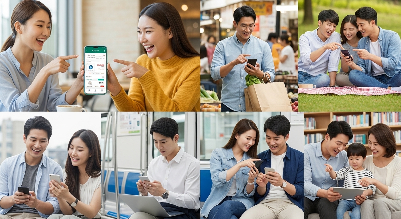 다양한 장소에서 케이뱅크 앱을 사용하는 다양한 한국 사용자들