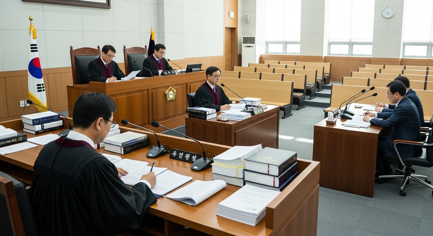 현대적인 한국 법정에서 판사들이 공식 문서를 검토하는 모습