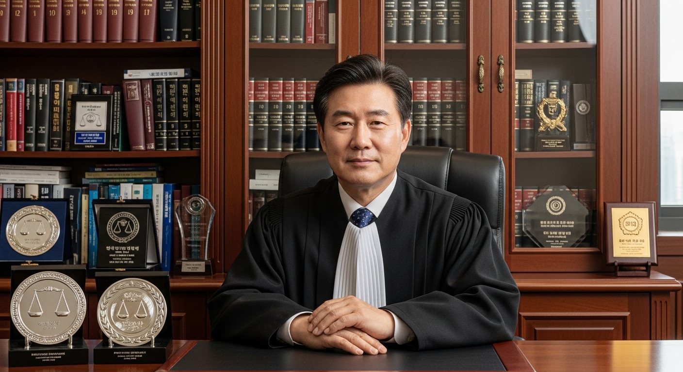 중견 한국 판사가 사무실에서 법률 서적과 상장을 배경으로 앉아 있는 모습