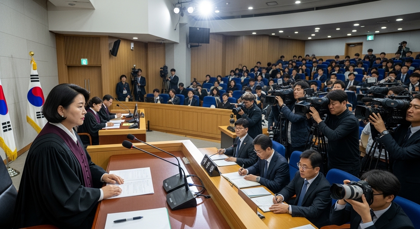 혼잡한 법정에서 고위 정치 재판을 주재하는 한국 판사의 모습