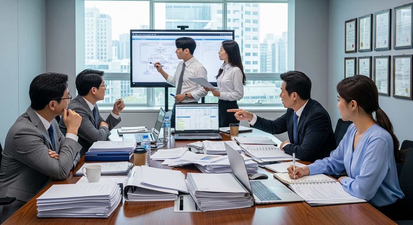 회의실에서 사건 전략을 논의하며 자료와 컴퓨터로 가득 찬 모습의 한국 법률팀