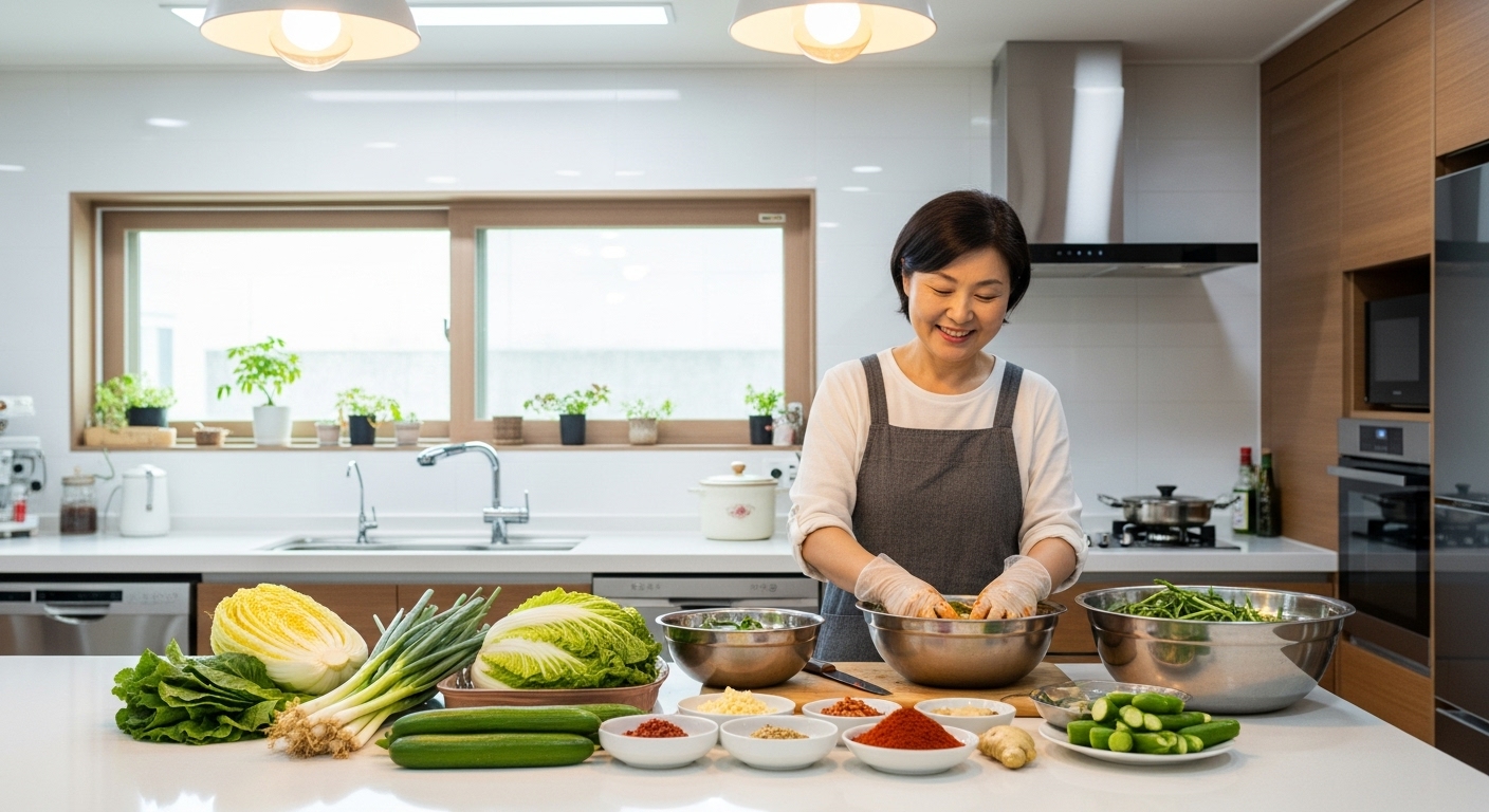 현대적인 주방에서 중년 여성이 신선한 재료로 빨간색과 초록색 김치를 준비하는 모습