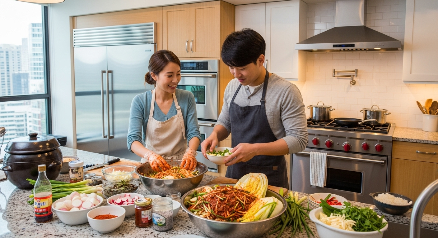 바쁜 도시 주방에서 젊은 커플이 찹쌀풀 없이 김치를 만드는 모습