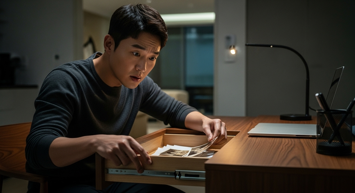 아버지가 책상 서랍을 열어 오래된 사진을 발견하는 모습