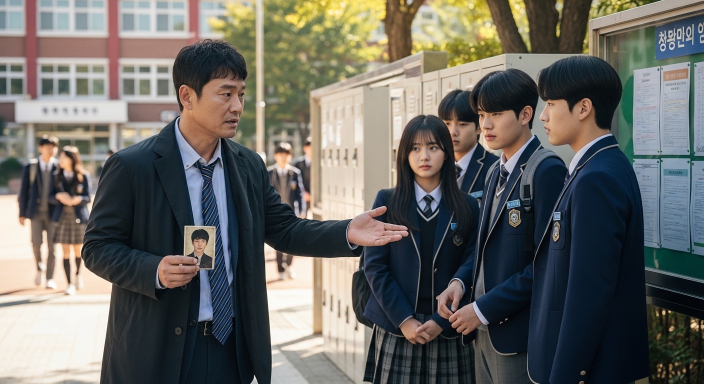 아들의 죽음을 조사하기 위해 학교를 방문하고 학생들과 대화하는 모습