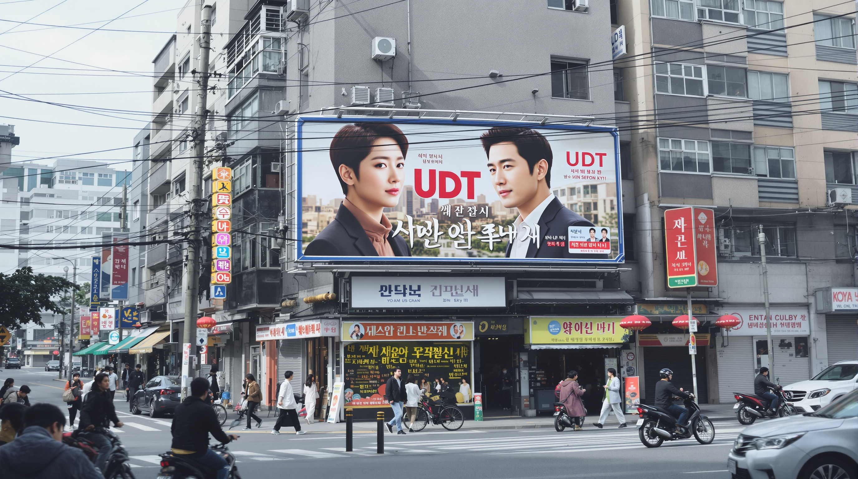 한국의 번화한 거리, 드라마 'UDT 우리 동네 특공대' 광고판이 걸려있는 모습