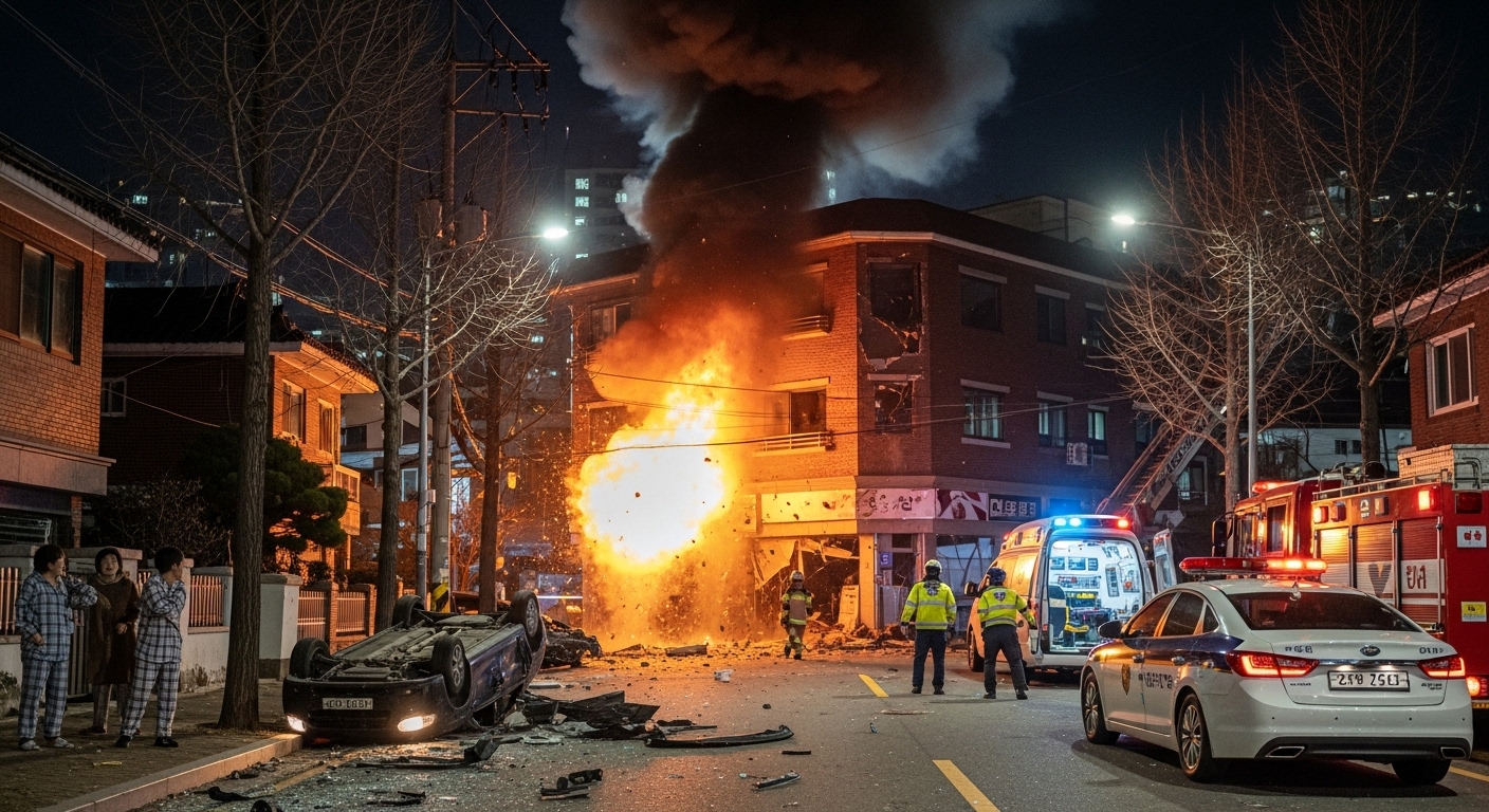 평온했던 주택가에서 밤중에 폭발 사고로 혼란스러운 상황