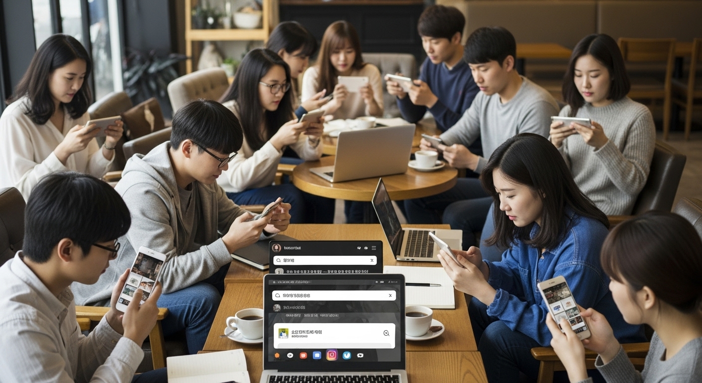 스마트폰과 태블릿으로 소셜미디어에서 퍼즐에 참여하는 젊은이들