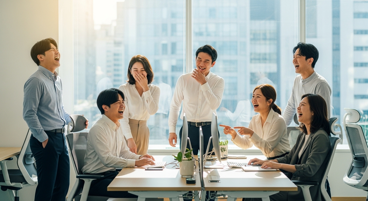 직장 동료들이 아재개그를 듣고 활짝 웃으며 즐거워하는 장면