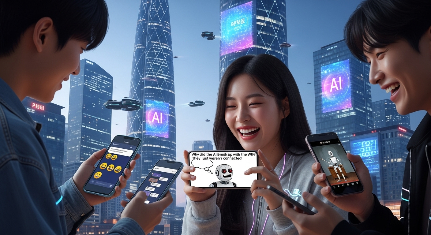 첨단 기술 도시에서 스마트폰으로 AI 관련 유머를 주고받는 젊은이들