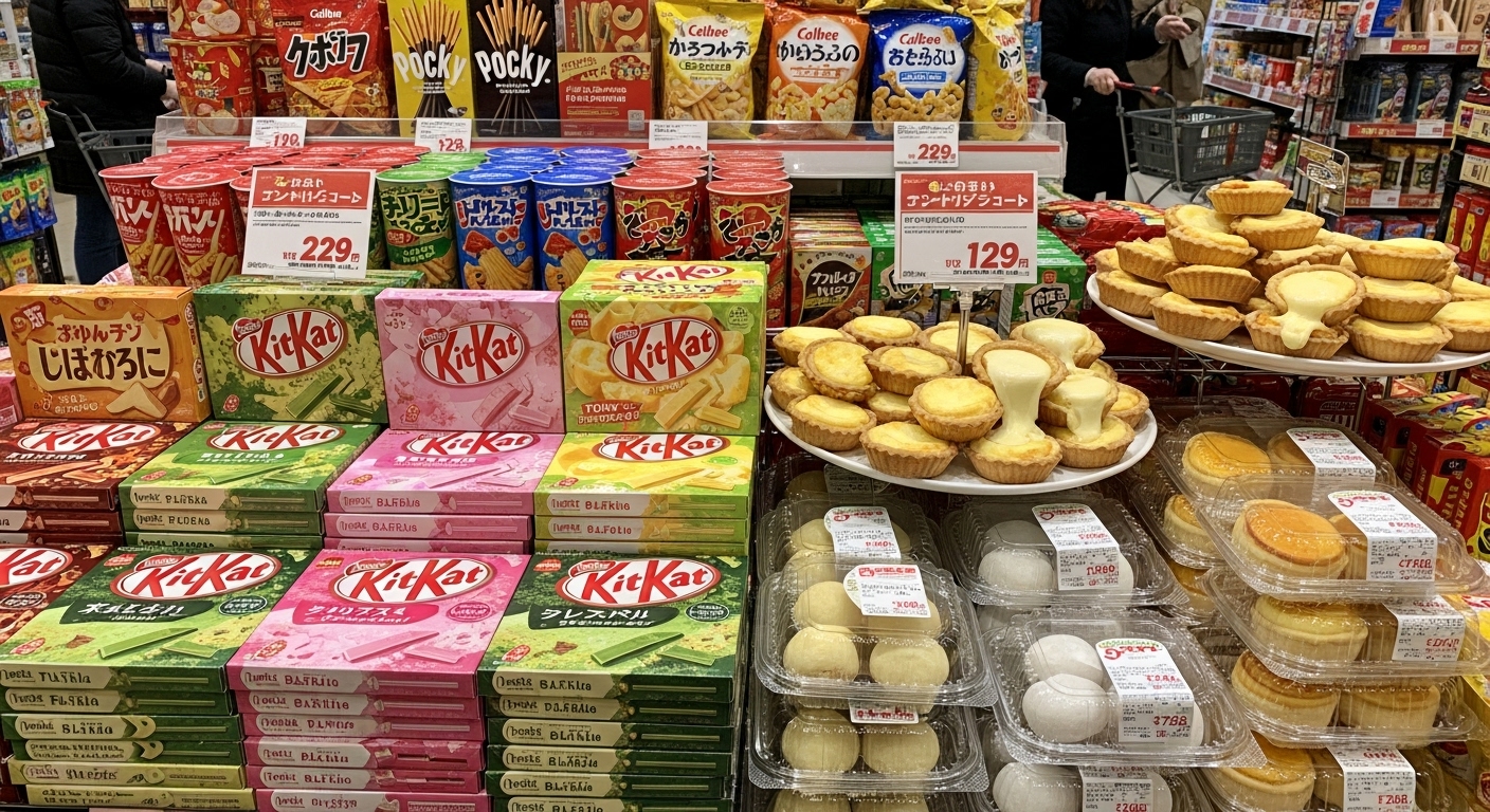 독특한 킷캣 맛과 베이크 크리미 치즈 과자가 진열된 모습