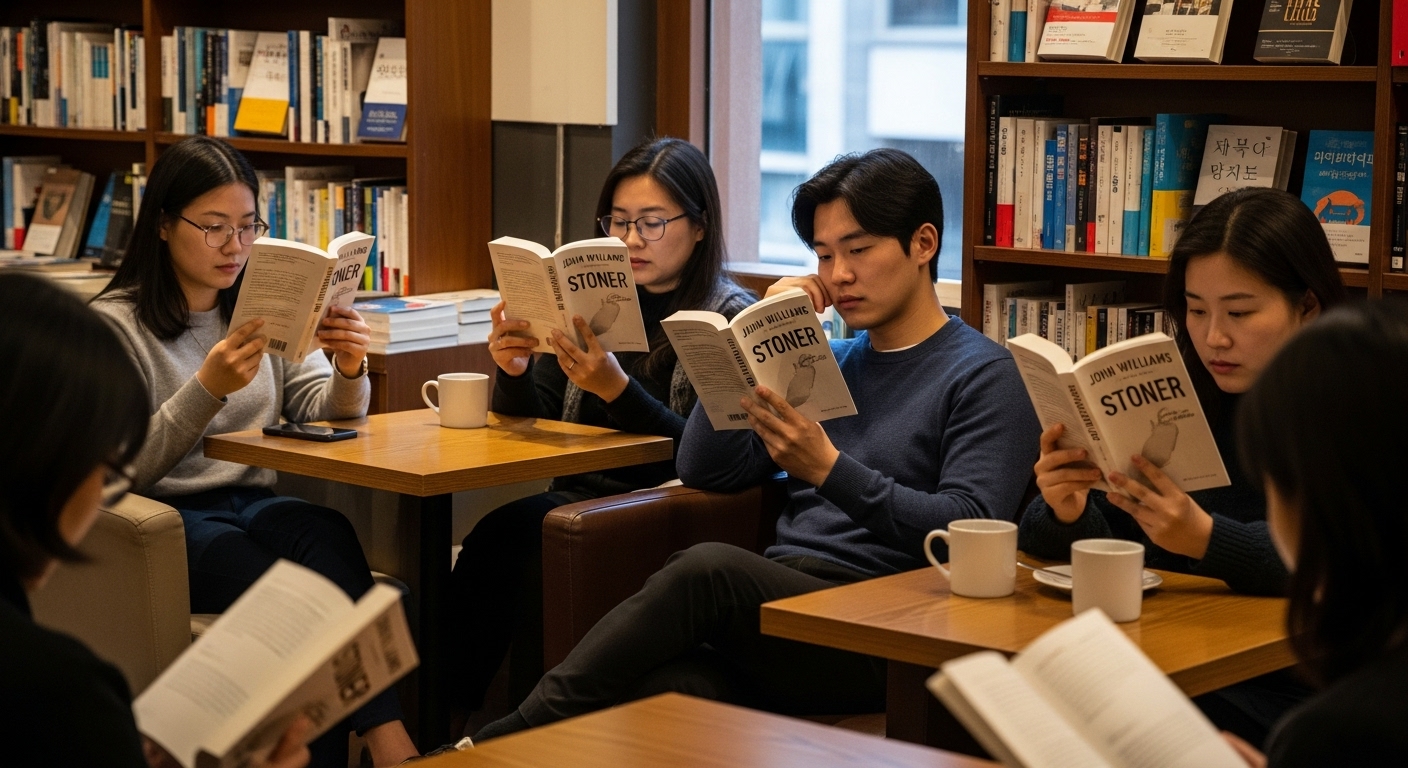 한국 독자들이 서점에서 '스토너'를 읽고 있는 모습, 보편적인 매력을 강조