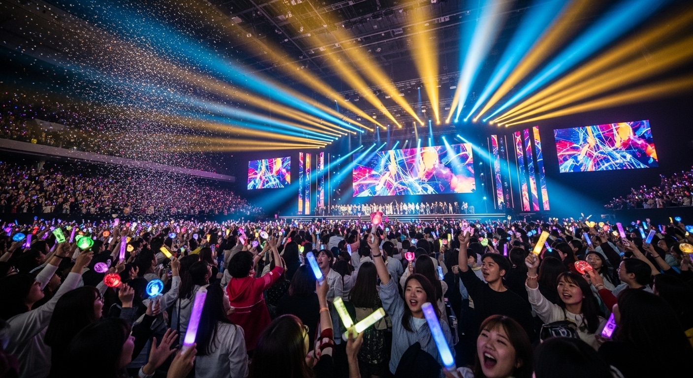 K-POP 시상식에서 밝은 무대 조명 아래 열광하는 팬들의 모습
