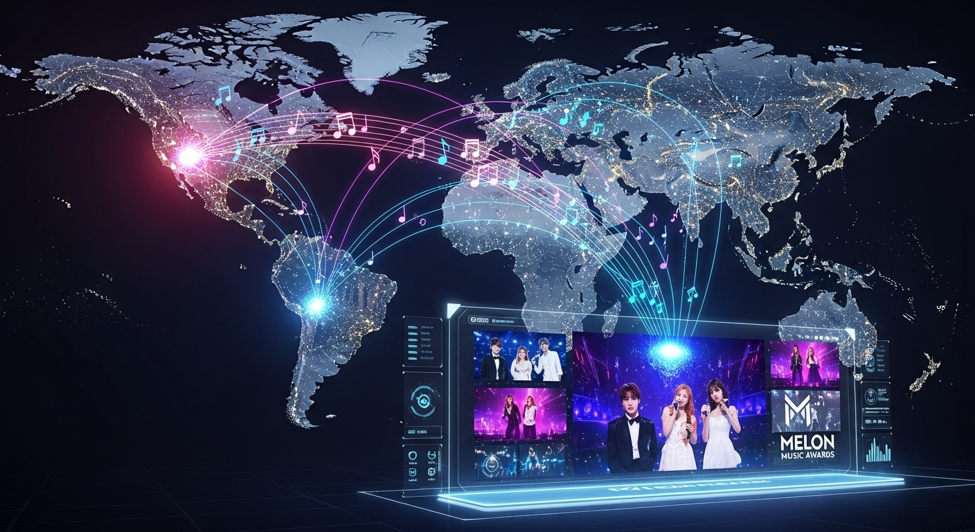 글로벌 무대로 확장된 K-POP의 미래 비전과 연결된 음악 노트들